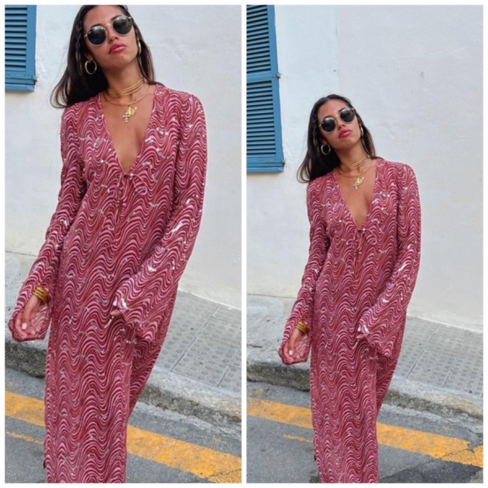 NWT ZARA BEADED CAFTAN MIDI DRESS PINK